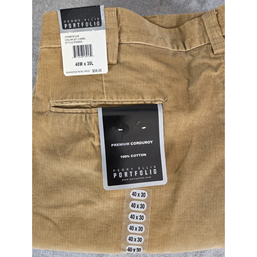 Perry Ellis Portfolio Mens 40x30 Premium Corduroy Pants Camel Pleated Cuffed NEW